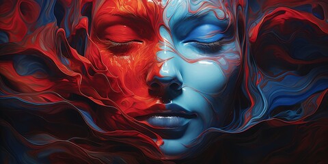 Wall Mural - Contemporary art with a surreal face created from merged fluid shapes in bold blue and red tones