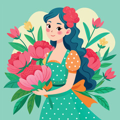 Wall Mural - A girl is holding a bouquet of flowers. The flowers are pink and the girl is wearing a blue dress. Women's day