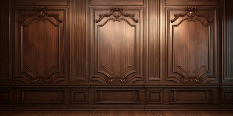 Luxury wood paneling background or texture. highly crafted classic / traditional wood paneling, with a frame pattern, often seen in courtrooms, premium hotels, and law offices.