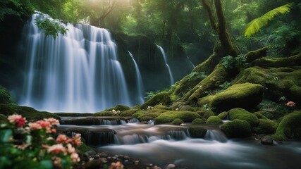 waterfall in the forest Fantasy waterfall of healing, with a landscape of sacred trees and flowers, peaceful waterfall 