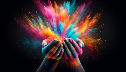 Wall Mural - Realistic illustration for the holi celebration with a hands throwing colorful powder in the air.