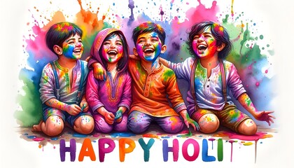 Canvas Print - Watercolor illustration of joyful group of children celebrating the holi.