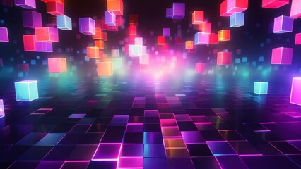 Poster - abstract background with glowing cubes in blue and red colors. 3d rendering, Abstract background with colorful lights and squares, AI Generated