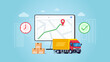 © Imajinajib - Order package in E commerce. Delivery package by truck. Tracking courier by map web application. Vector illustration with blue background