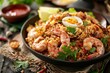 A mouthwatering display of Malaysian Nasi Goreng, boasting fragrant fried rice stir-fried with shrimp, chicken, egg, and a medley of spices