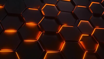 Wall Mural - Abstract 3d rendering of hexagon background. Dark and orange hexagons. Abstract hexagonal geometric ultra wide background. Structure of lots of hexagons of carbon fiber , AI Generated