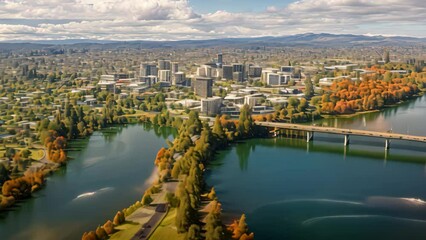 Wall Mural - Aerial view of cityscape in autumn, Melbourne, Australia. Aerial drone panoramic view looking at Victoria Bridge over the Waikato River as it cuts through the city of Hamilton, AI Generated