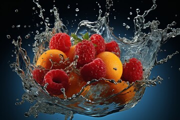 A refreshing blend of orange slices and raspberries soaring through the air against a backdrop of splashing water on a vibrant blue background.