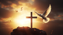 Silhouette Of A Cross And A Dove Flying At Sunset