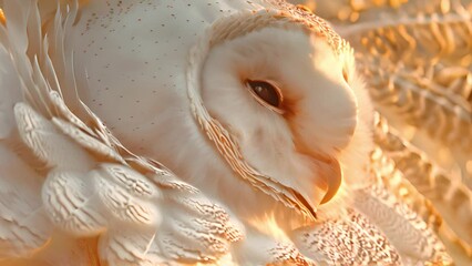amazing white beautiful owl. footage of a adorable snowy owl closeup sitting on tree. epic shot of a