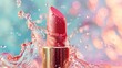 Red lipstick with water splash on a vivid pink and blue backdrop. Close-up cosmetic product shot with dynamic water droplets. Design for makeup advertising, beauty campaign, poster with copy space