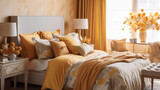 Fototapeta  - Jasna żółta przytulna sypialnia w stylu glamour - mockup. Żółte słoneczne, złote i białe kolory wnętrza. Render 3d. Wizualizacja
