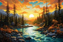 A River With Trees And Rocks In Front Of A Sunset