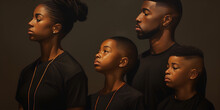 African American family portrait, showing a father, mother and two sons, all wearing black shirts and looking to the right