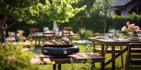 summer time in backyard garden with grill BBQ, wooden table, blurred background