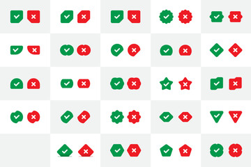 Wall Mural - vector check mark and cancel sign set. square, round, triangle, hexagonal green check sign, red cancel sign