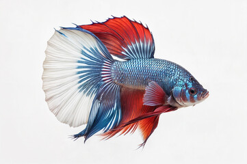 Wall Mural - A Siamese fighting fish with a white, red, and blue color scheme swimming on white background. ai generative