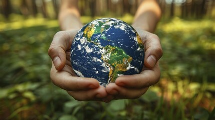 Earth Day border displays Earth cradled in human hands, symbolizing care for our planet.