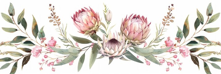 Wall Mural - Gold Crystal Accented Protea Rose Watercolor Illustration Generative AI