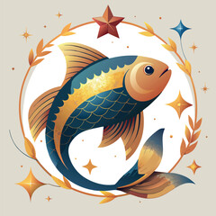 Sticker - Pisces with golden stars illustration on white background