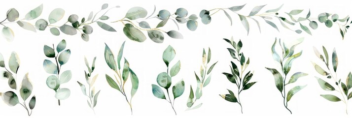 Wall Mural - Green and Gold Leaf Branches Watercolor Illustration Set for Wedding Stationary and Wallpapers Generative AI