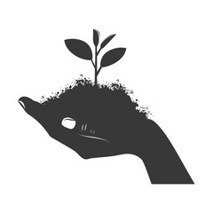 Silhouette Two Hand holding soil with growing sprout black color only