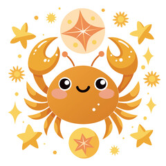 Sticker - cute Cancer with golden stars illustration on white background