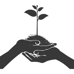 Silhouette Two Hand holding soil with growing sprout black color only