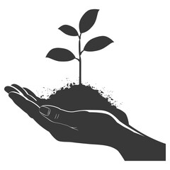 Silhouette Two Hand holding soil with growing sprout black color only