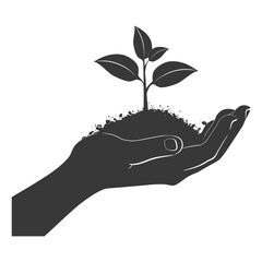 Silhouette Two Hand holding soil with growing sprout black color only