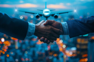 Two businessmen shaking hands with an airplane taking off in a cityscape background, symbolizing business deals and travel