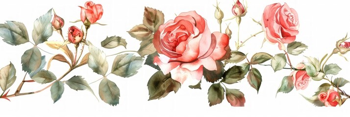 Wall Mural - Watercolor Roses Card Template with White Background Generative AI