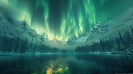 Aurora borealis over the frosty forest. Green northern lights above mountains. Night nature landscape with polar lights. Night winter landscape with aurora. Creative image. winter holiday concept.