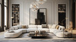 A modern living room featuring a sophisticated statement lighting fixture