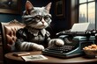 The cat secretary sits in the office at the typewriter.