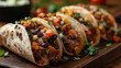 © Jullia - tacos with grilled chicken meat and veggies. Mexican food - delicious taco shells with ground beef. three mexican pork carnitas tacos on wooden round plate