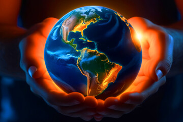 hand holding and protect earth planet glowing. earth day. save earth and environment concept.
