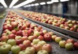 Clean and fresh gala apples on a conveyor belt in a fruit packaging warehouse for presize