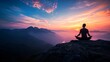 A person in lotus pose meditates on a rock with a stunning mountainous backdrop bathed in the warm hues of a setting sun. Man meditating on mountain at sunset. Serenity in nature with meditation.