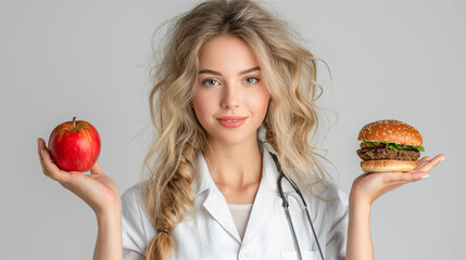 Doctor is holding fresh apples and a burger in his hands. Proper and healthy nutrition. Healthy lifestyle The concept of world health and healthy eating day