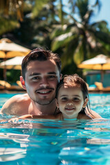 Caucasian father and daughter playing in swimming pool at hotel.