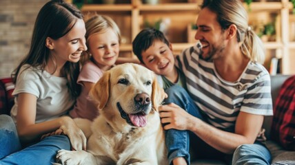 Wall Mural - happy people at home with favorite pet , love and friendship of human and animal pragma