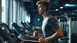 Caucasian man running on treadmill in gym.