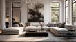 A modern living room with an impressive lighting fixture enhancing the overall look