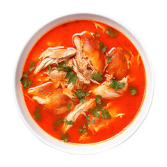 Wall Mural - Delicious tomato soup with carrot and chicken in a bowl isolated on transparent background Remove png, Clipping Path, pen tool
