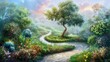 This enchanting stock illustration of a lush garden pathway winding through vibrant flora evokes the magical essence of nature's diversity for Arbor Day.