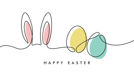 Wall Mural - Easter card with easter bunny`s ears and eggs in line art style, one line vector illustration isolated on white background,template for greeting cards,banner,wallpaper,social media post