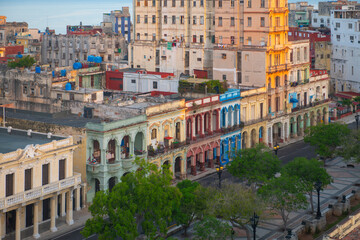 Paseo del Prado aerial view with modern skyscrapers in Vedado with the morning light in Havana, Cuba. Old Havana is a World Heritage Site. 