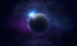 Fototapeta Na sufit - Moon, bright blue radiance of stars in space and planet, abstract space 3d illustration, background