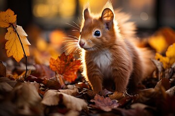 Wall Mural - Squirrel exploring leaf -covered lawn., generative IA